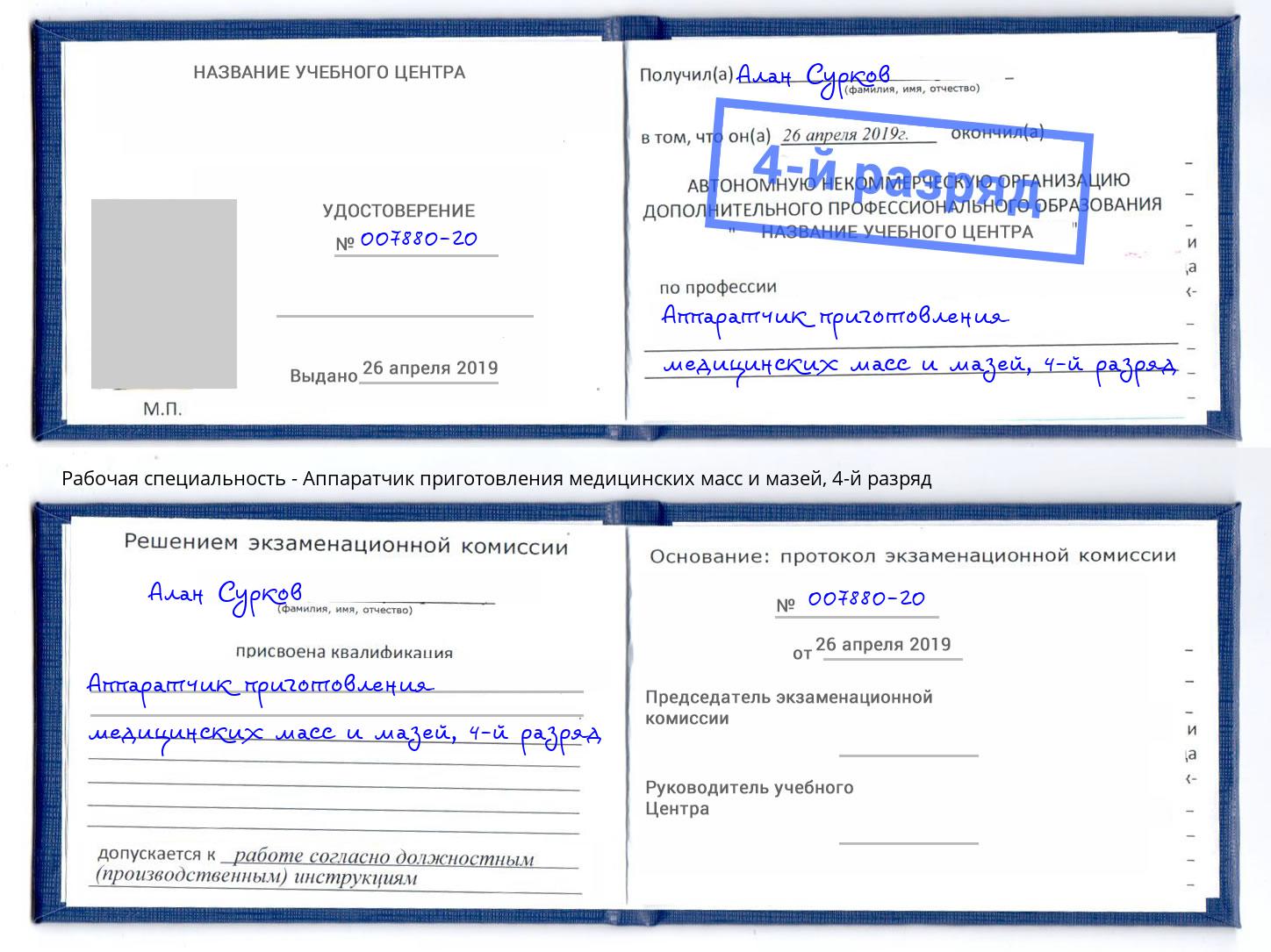 корочка 4-й разряд Аппаратчик приготовления медицинских масс и мазей Котовск