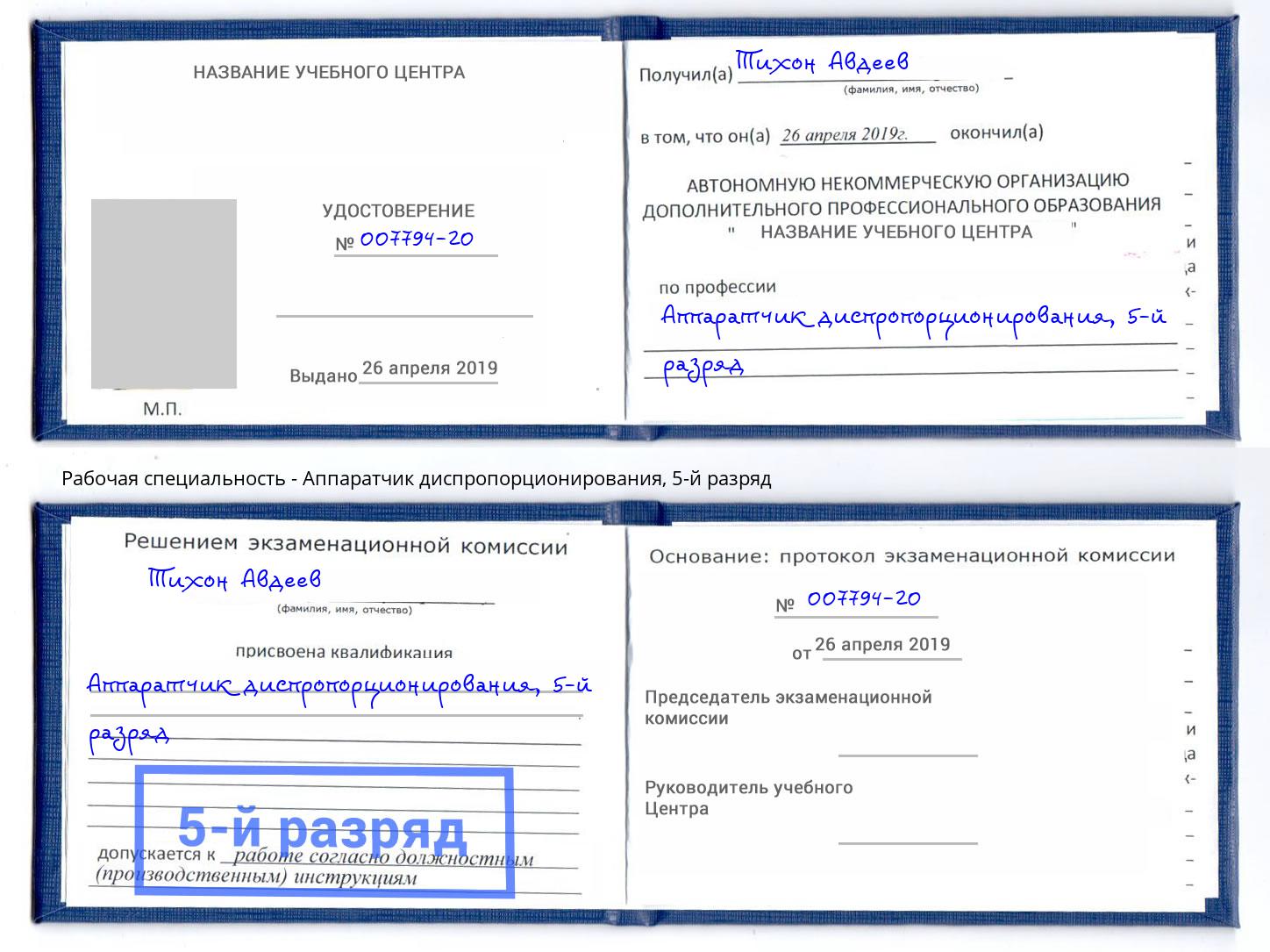 корочка 5-й разряд Аппаратчик диспропорционирования Котовск