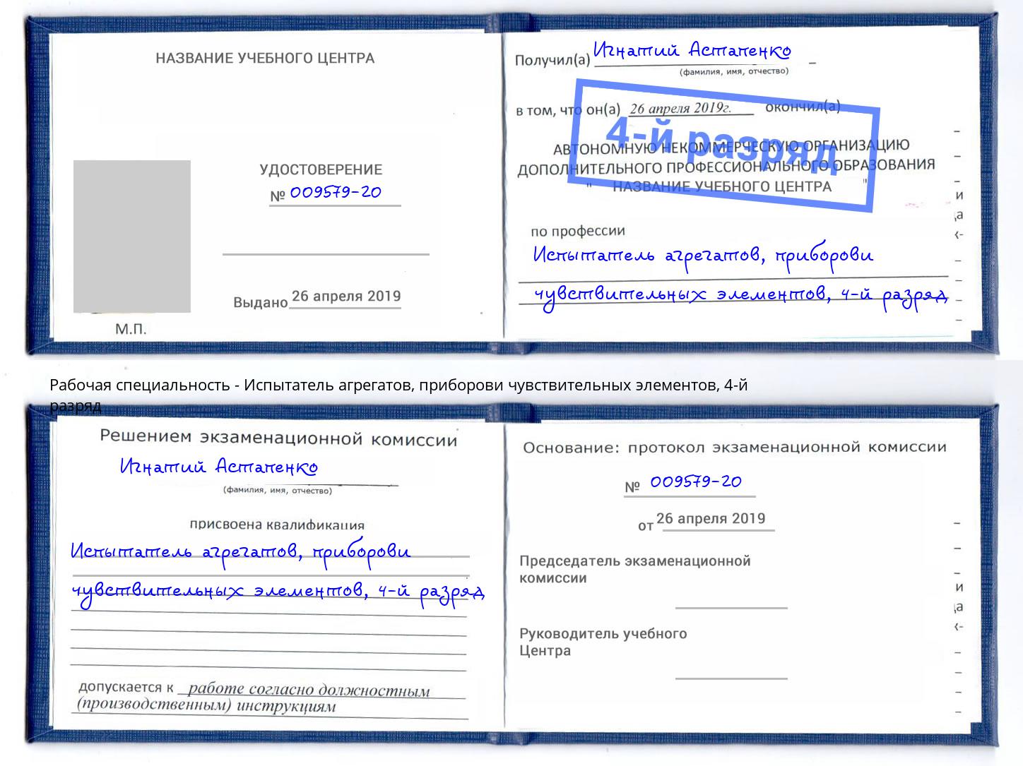 корочка 4-й разряд Испытатель агрегатов, приборови чувствительных элементов Котовск