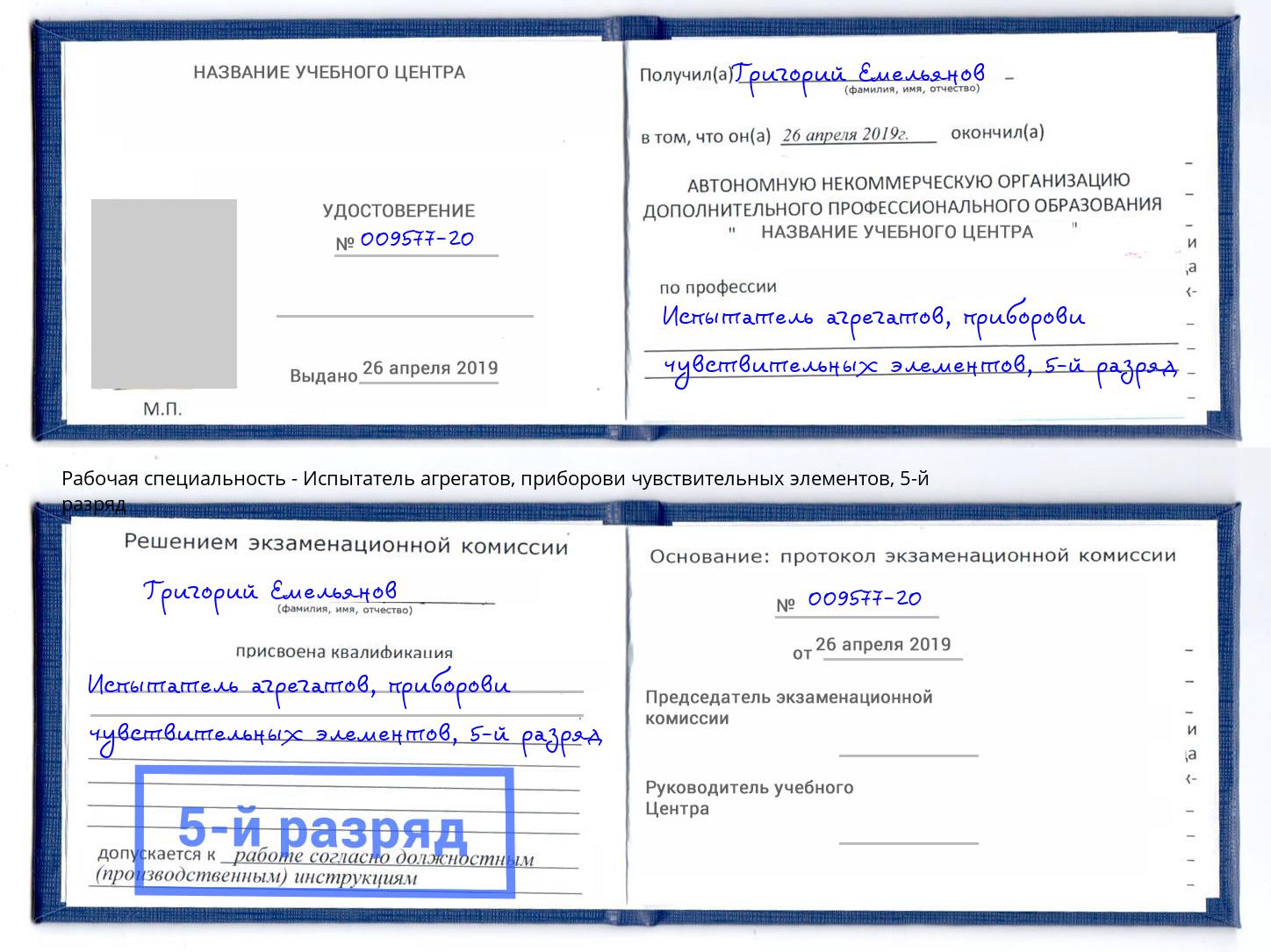 корочка 5-й разряд Испытатель агрегатов, приборови чувствительных элементов Котовск