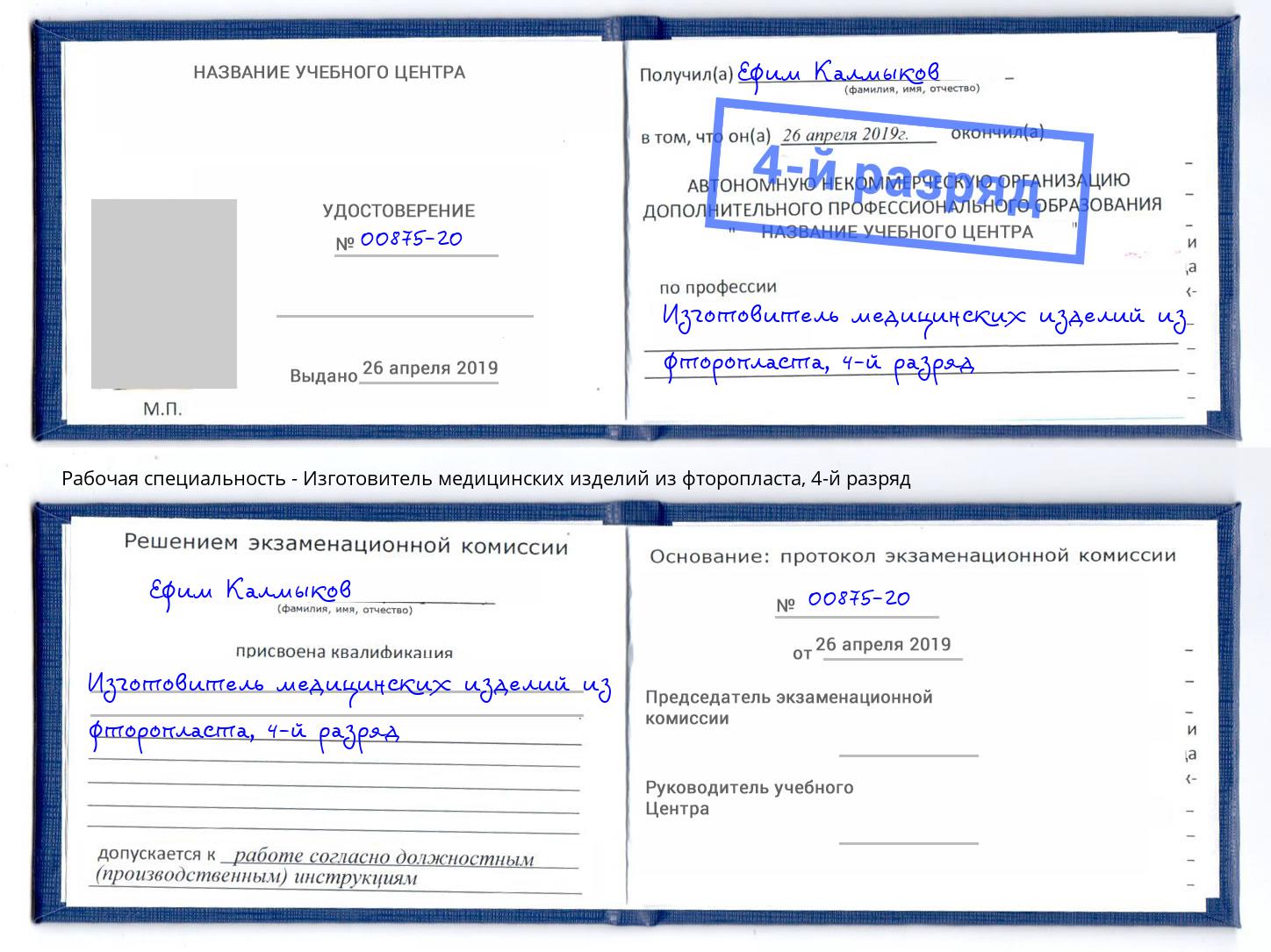 корочка 4-й разряд Изготовитель медицинских изделий из фторопласта Котовск