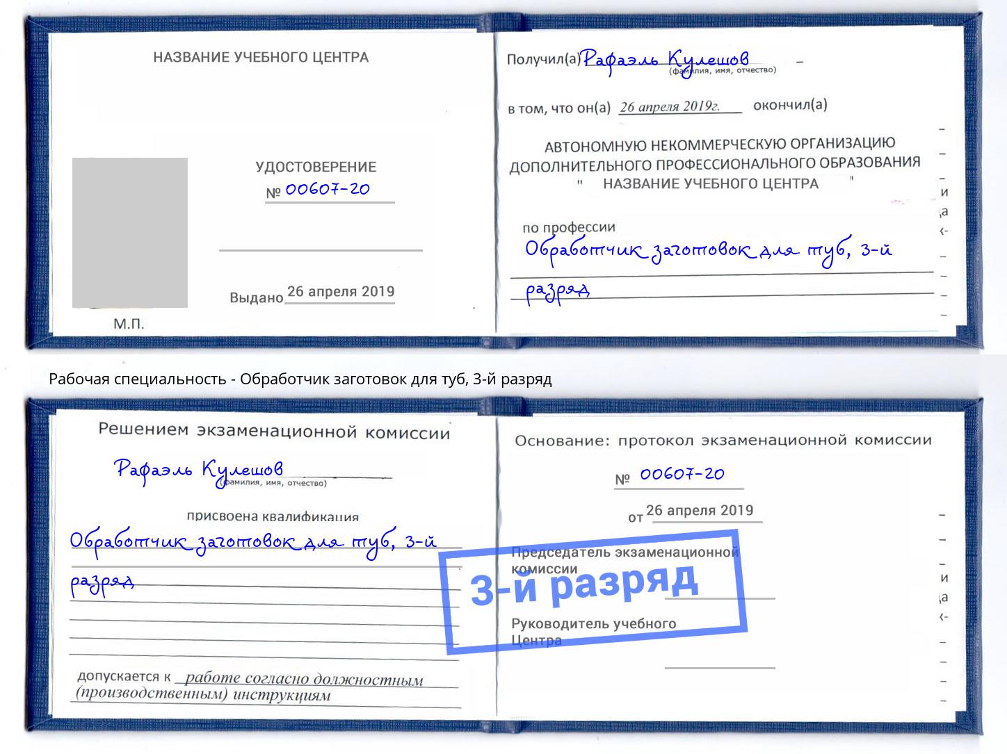 корочка 3-й разряд Обработчик заготовок для туб Котовск