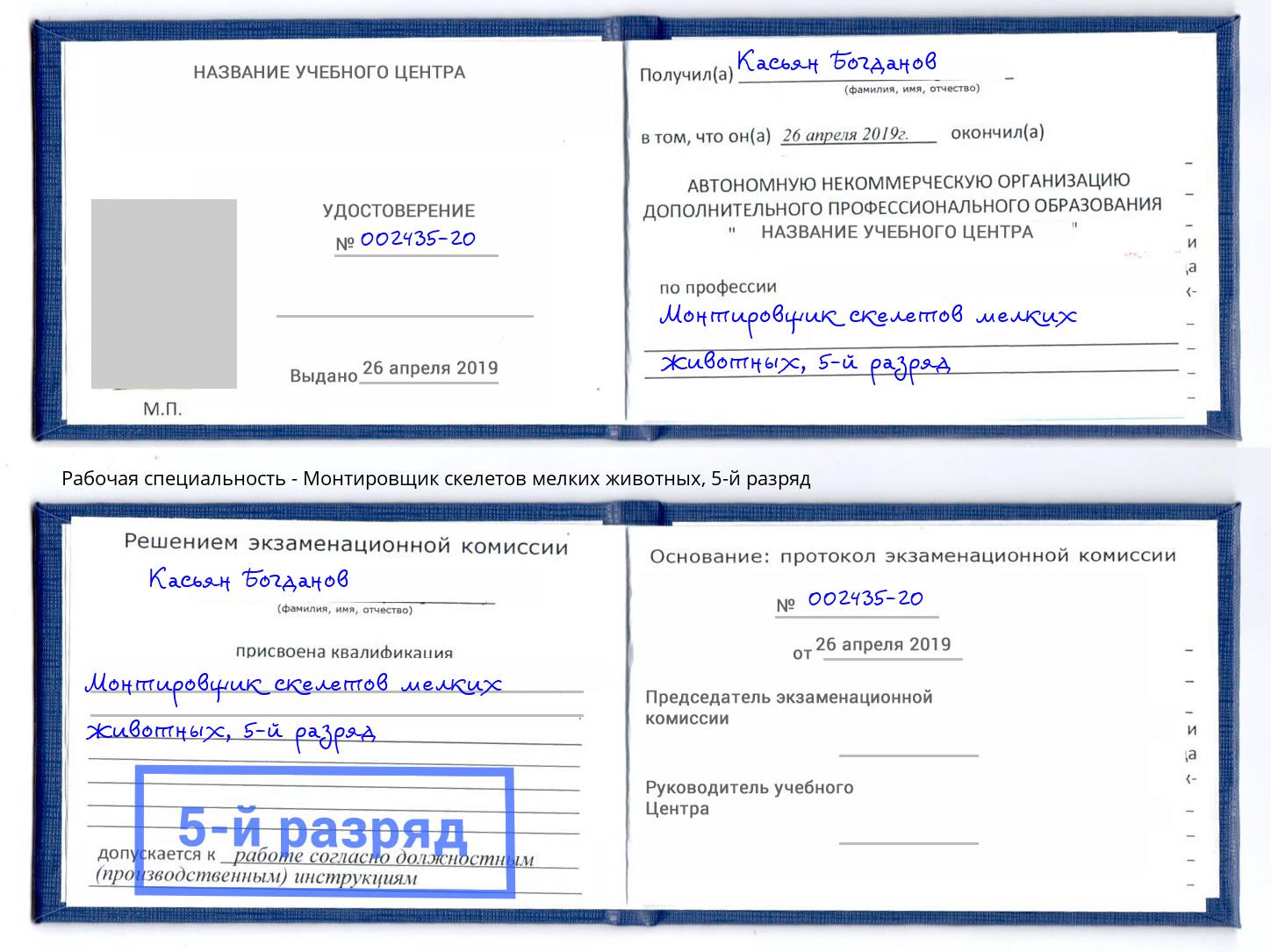 корочка 5-й разряд Монтировщик скелетов мелких животных Котовск