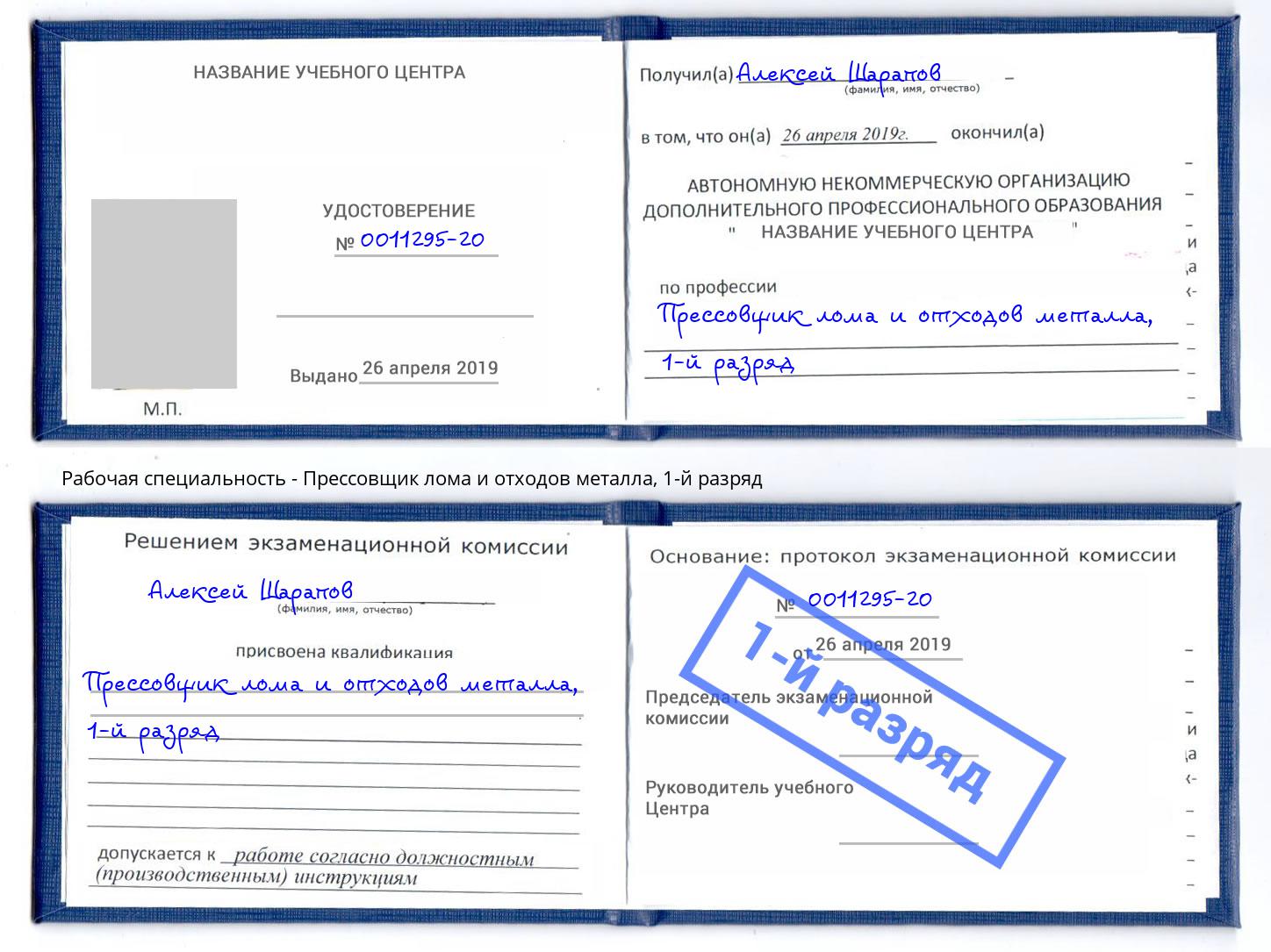 корочка 1-й разряд Прессовщик лома и отходов металла Котовск