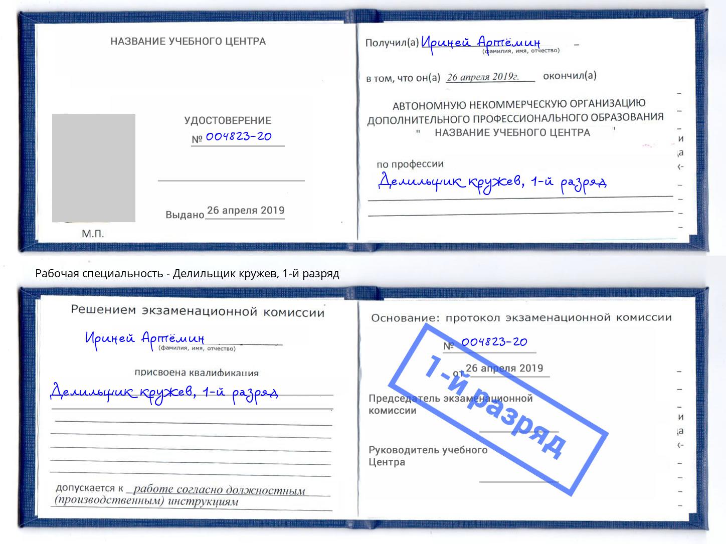 корочка 1-й разряд Делильщик кружев Котовск