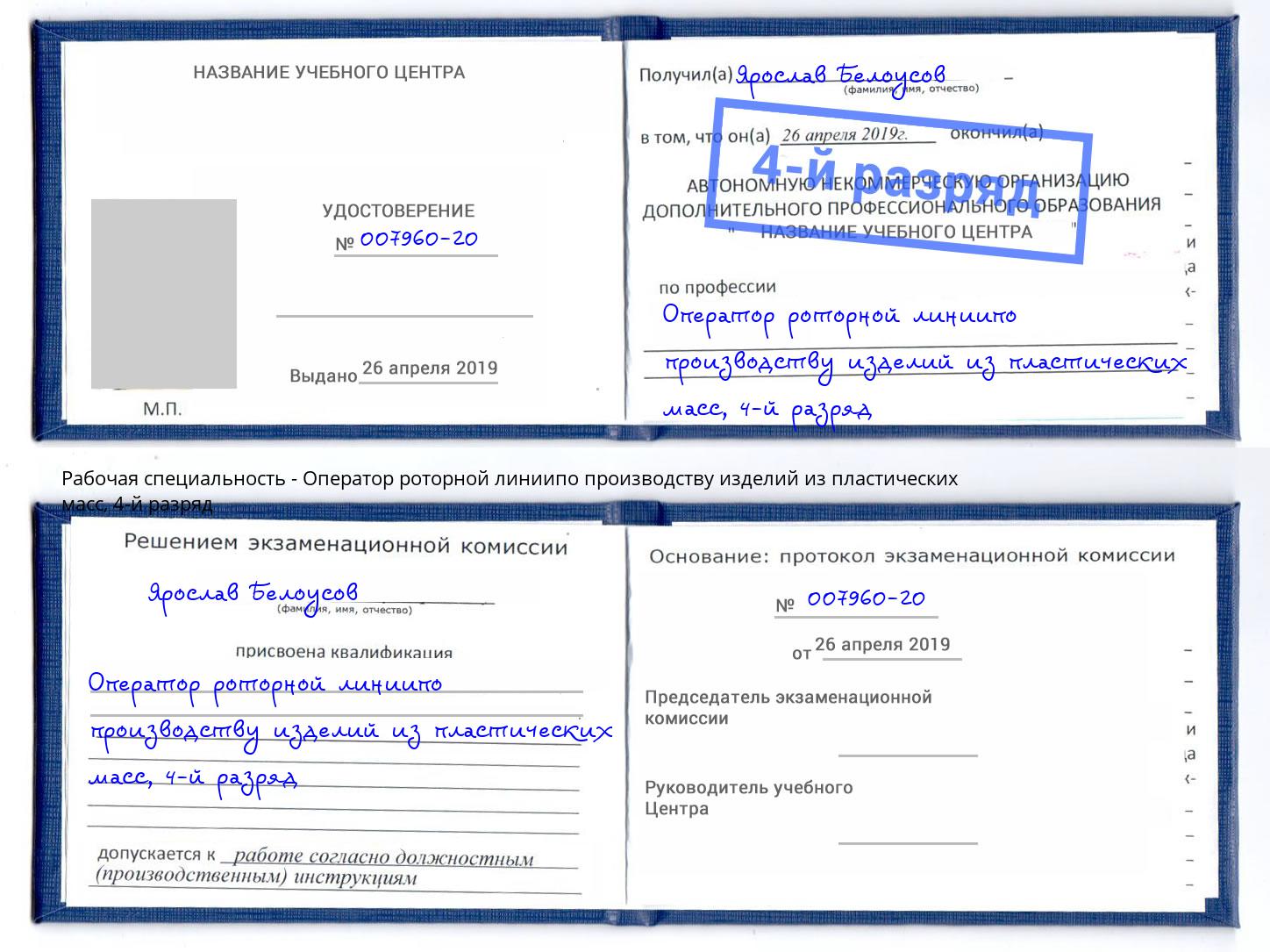 корочка 4-й разряд Оператор роторной линиипо производству изделий из пластических масс Котовск