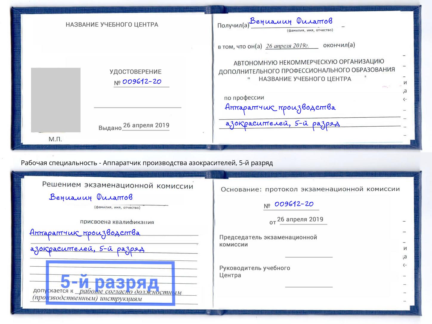 корочка 5-й разряд Аппаратчик производства азокрасителей Котовск