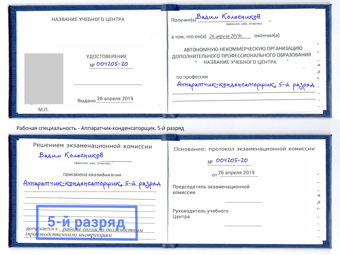 корочка 5-й разряд Аппаратчик-конденсаторщик Котовск