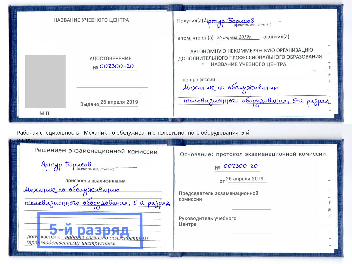 корочка 5-й разряд Механик по обслуживанию телевизионного оборудования Котовск