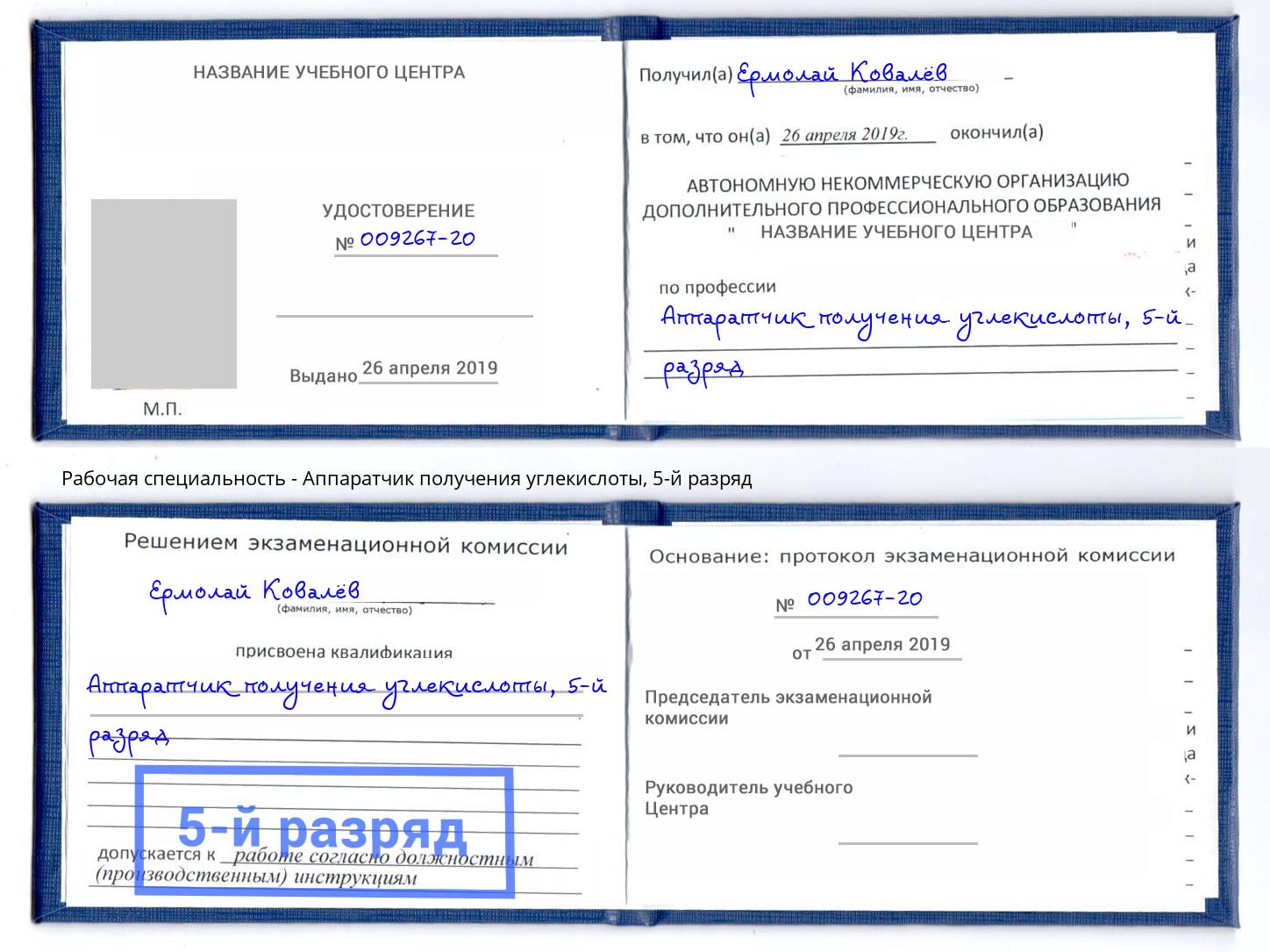 корочка 5-й разряд Аппаратчик получения углекислоты Котовск