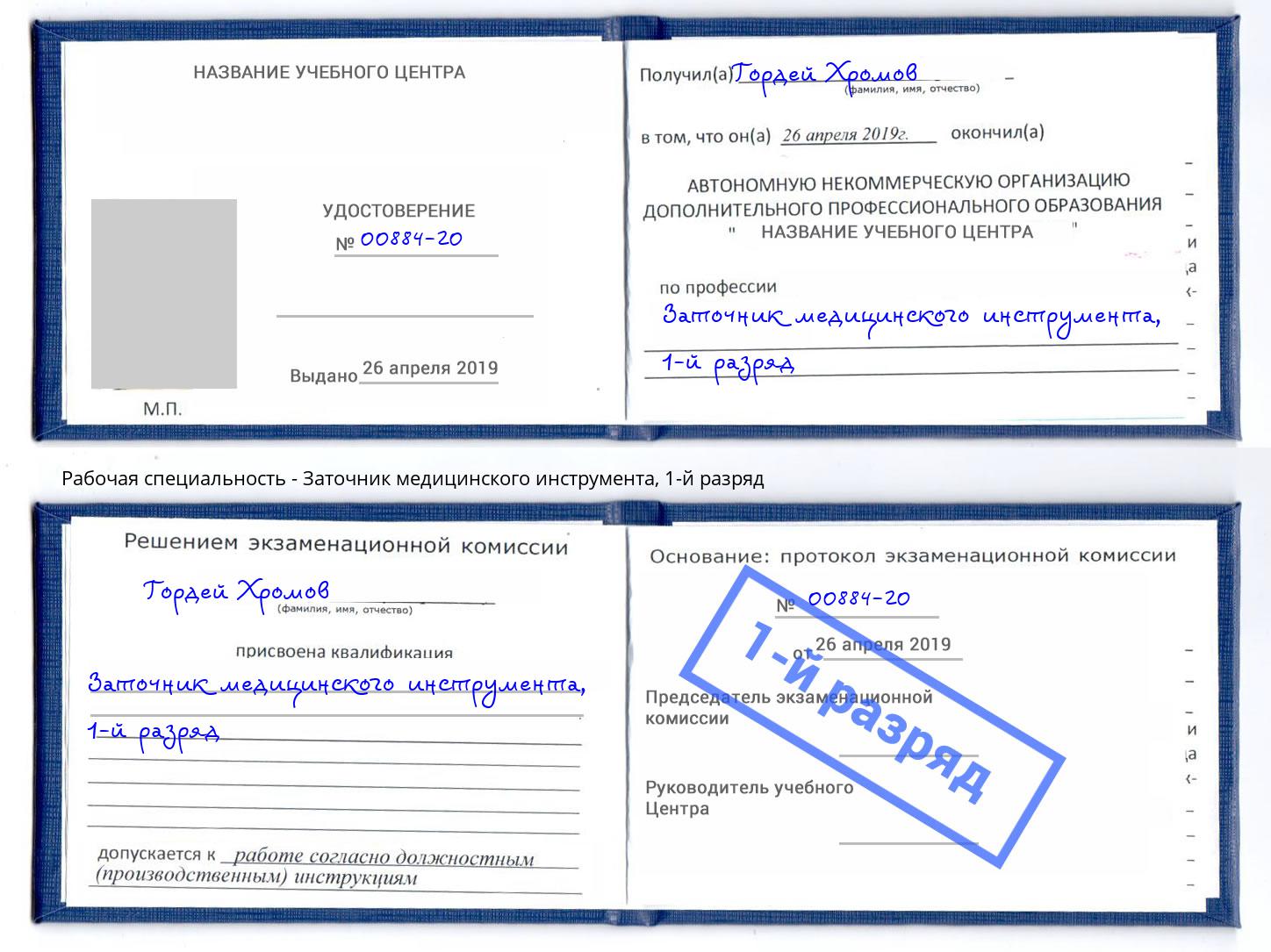 корочка 1-й разряд Заточник медицинского инструмента Котовск