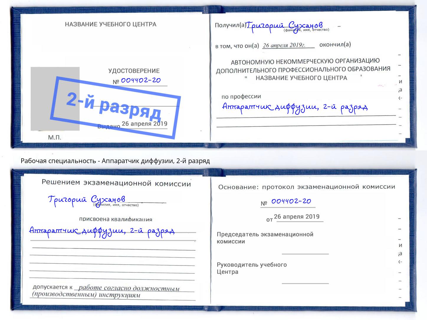 корочка 2-й разряд Аппаратчик диффузии Котовск