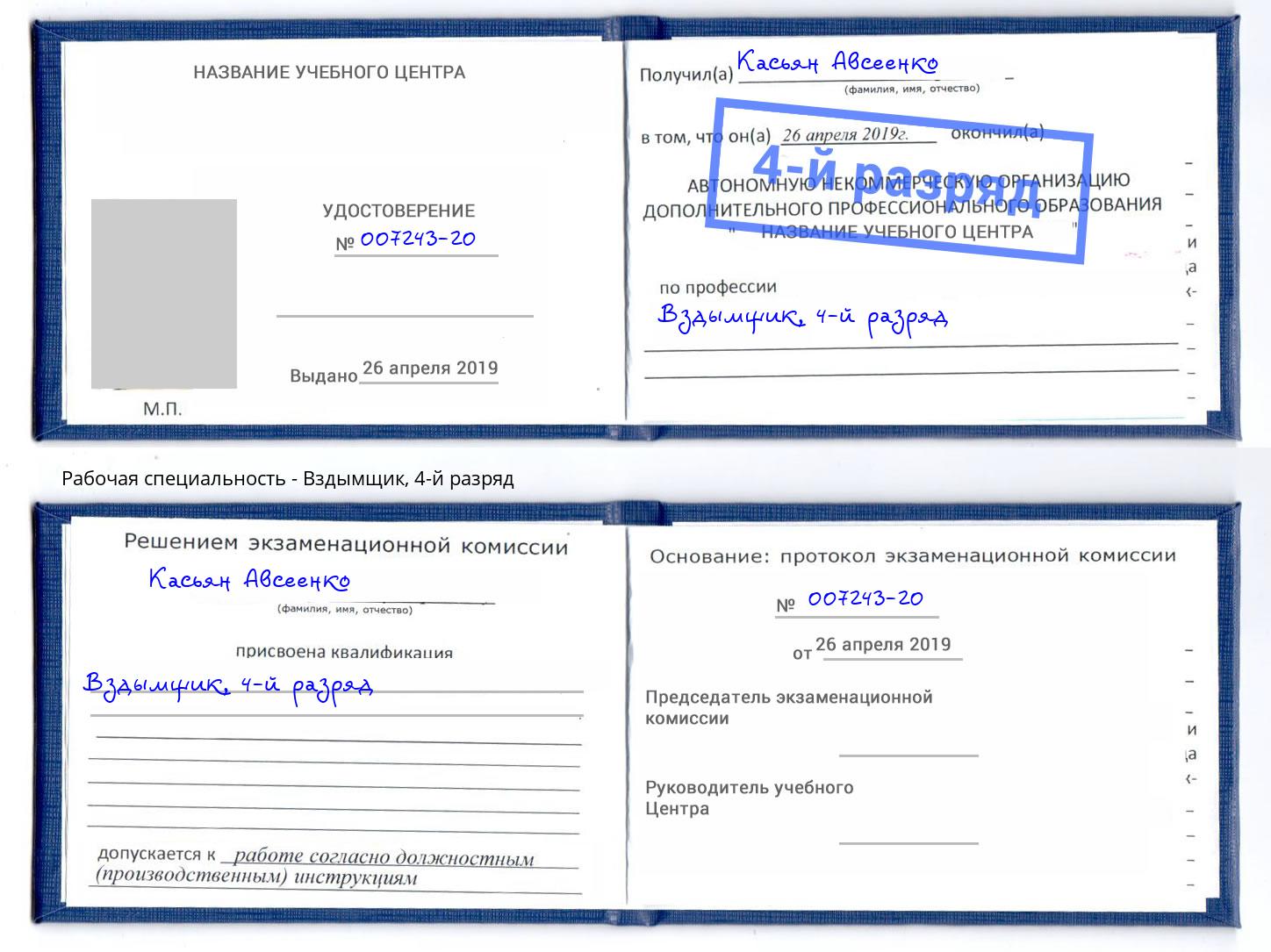 корочка 4-й разряд Вздымщик Котовск