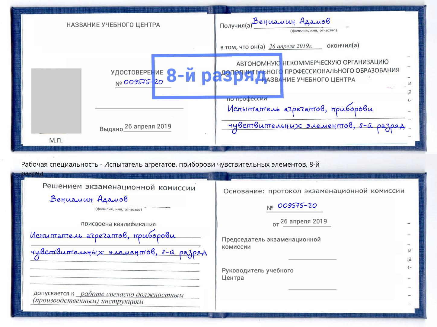 корочка 8-й разряд Испытатель агрегатов, приборови чувствительных элементов Котовск